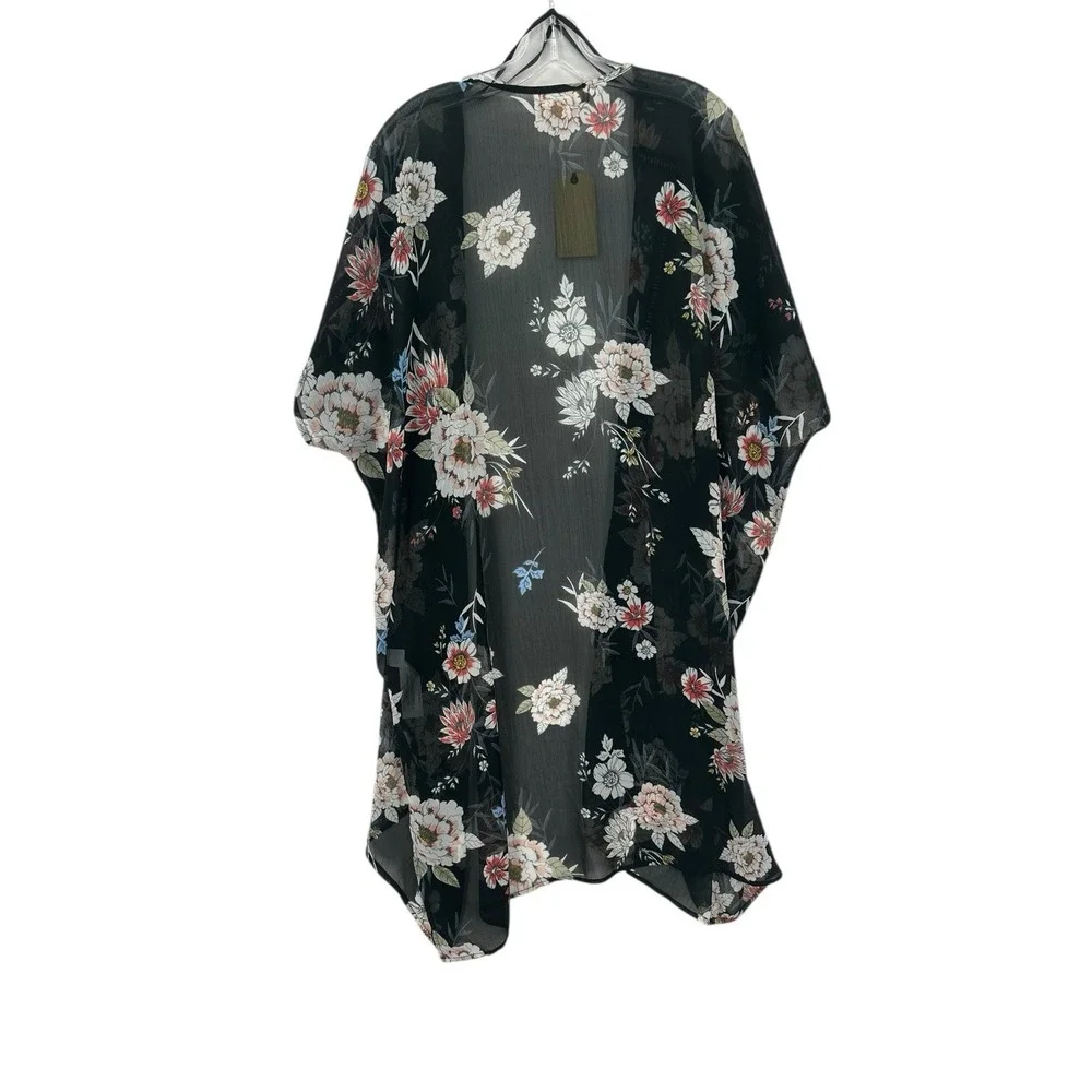 Band Of Gypsies Boho Kimono Cover Up Duster Sheer Black Floral Oversized Size M - Picture 2 of 9